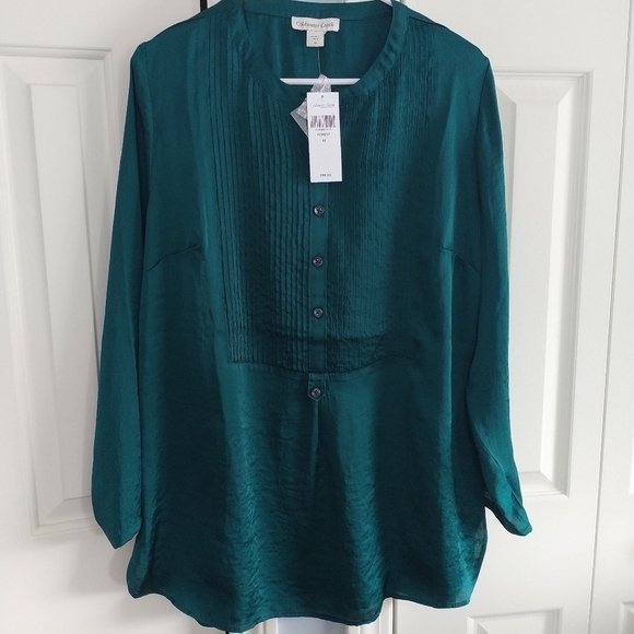 Coldwater Creek Forest Green Bib Front Pleated Blouse Tunic M - Picture 1 of 12